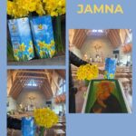 Collage: yellow daffodil bouquets and a blue gift box in a church, with an icon of Mary and Child on the altar in one photo and the text 'JAMNA' on a blue background.