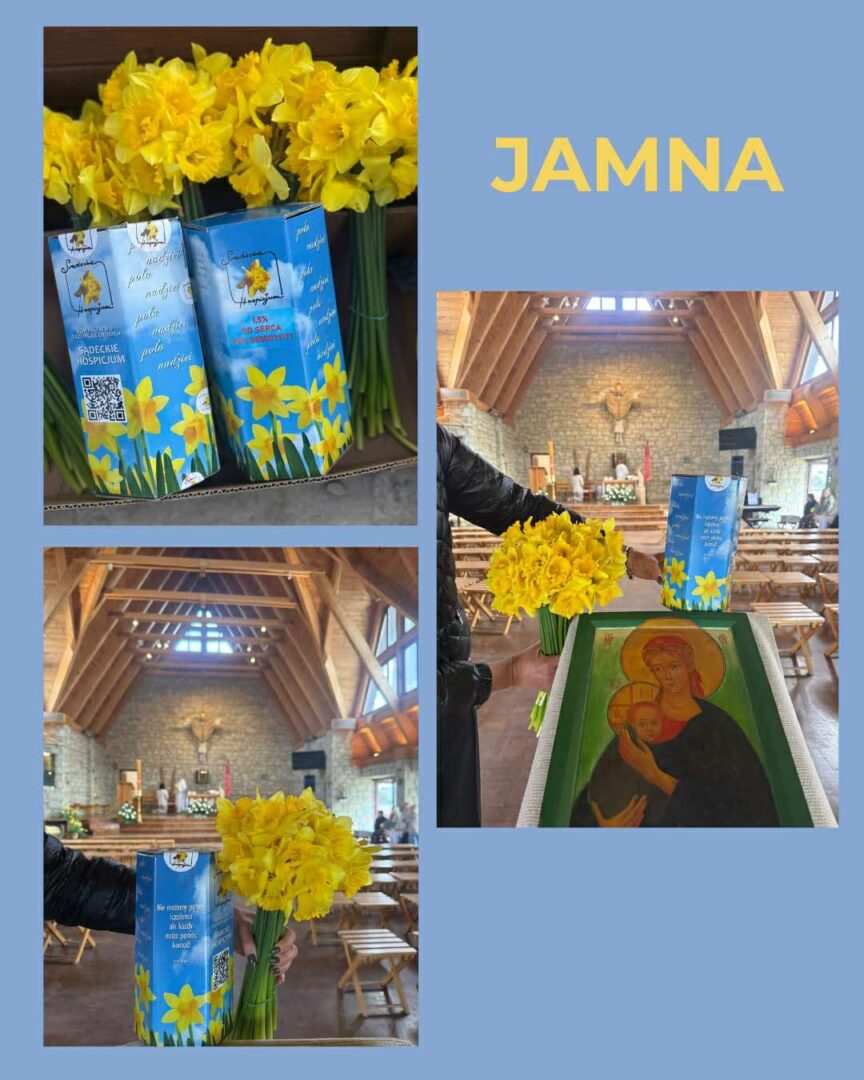 Collage: yellow daffodil bouquets and a blue gift box in a church, with an icon of Mary and Child on the altar in one photo and the text 'JAMNA' on a blue background.