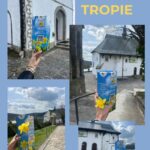 Collage of a blue carton with yellow daffodils held by a hand, shown near white church buildings and cobblestone paths in a village setting.