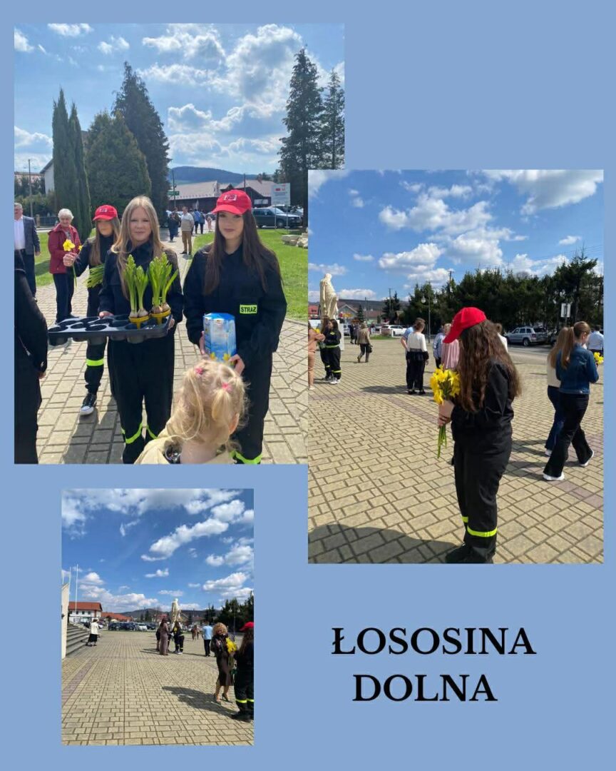 Firefighters in uniform handing out potted plants to children at an outdoor community event in Lososina Dolna on a sunny day.