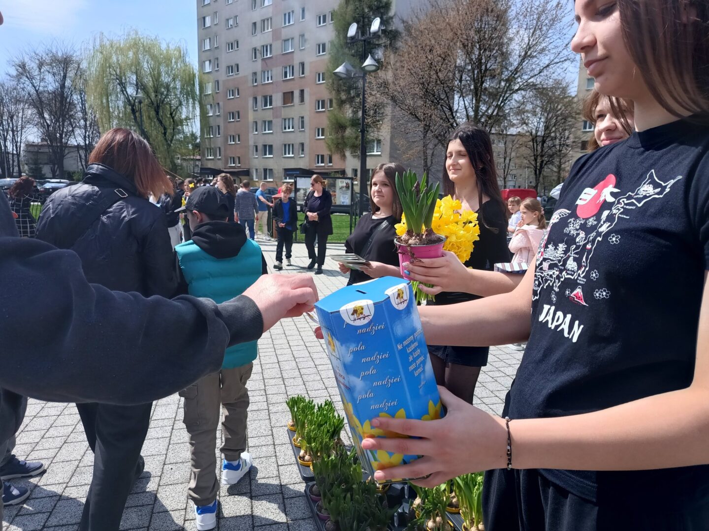 Young woman hands out a blue gift carton and a potted plant with yellow flowers at an outdoor community event.