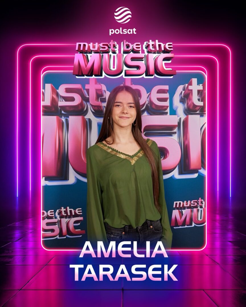 Smiling young woman in a green blouse stands before a pink neon frame backdrop with 'Must Be the Music' branding and 'AMELIA TARASEK' text at the bottom; Polsat logo above.