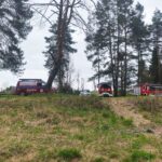 Forest scene with red emergency vehicles (GOPR and fire trucks) parked among tall trees; a rescue worker is elevated in a tree as part of an operation.