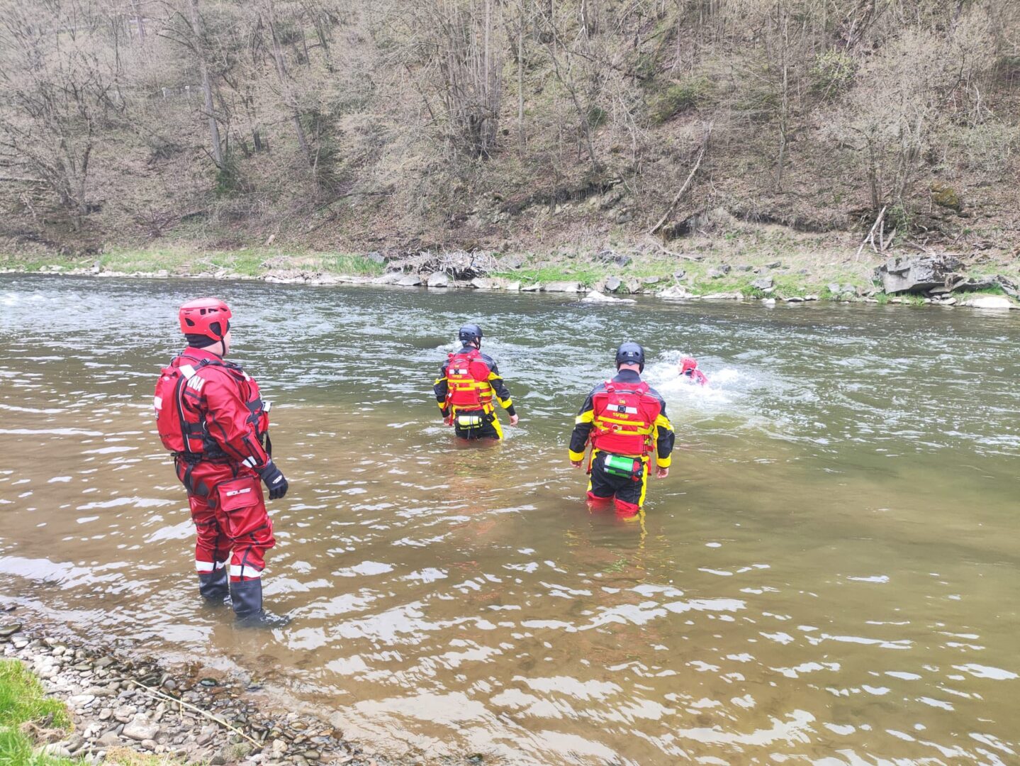 Rescue workers in red wetsuits and helmets stand knee-deep in a river, preparing to assist a swimmer further downstream.