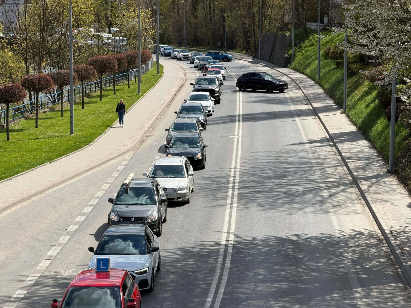 Line of cars queued on a curved city street; lead car has a visible learner 'L' sign and a pedestrian walks on the sidewalk to the left.