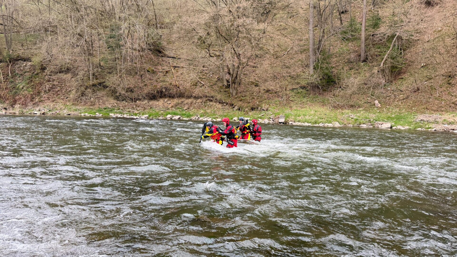 A group of people in red life jackets and helmets paddles together in a river near a wooded, rocky bank.