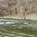 People in red life jackets swimming and floating in a river near a grassy, tree-lined bank.