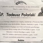Ogłoszenie żałobne po śmierci Tadeusza Polańskiego, z jego zdjęciem i informacją o pogrzebie i mszach.