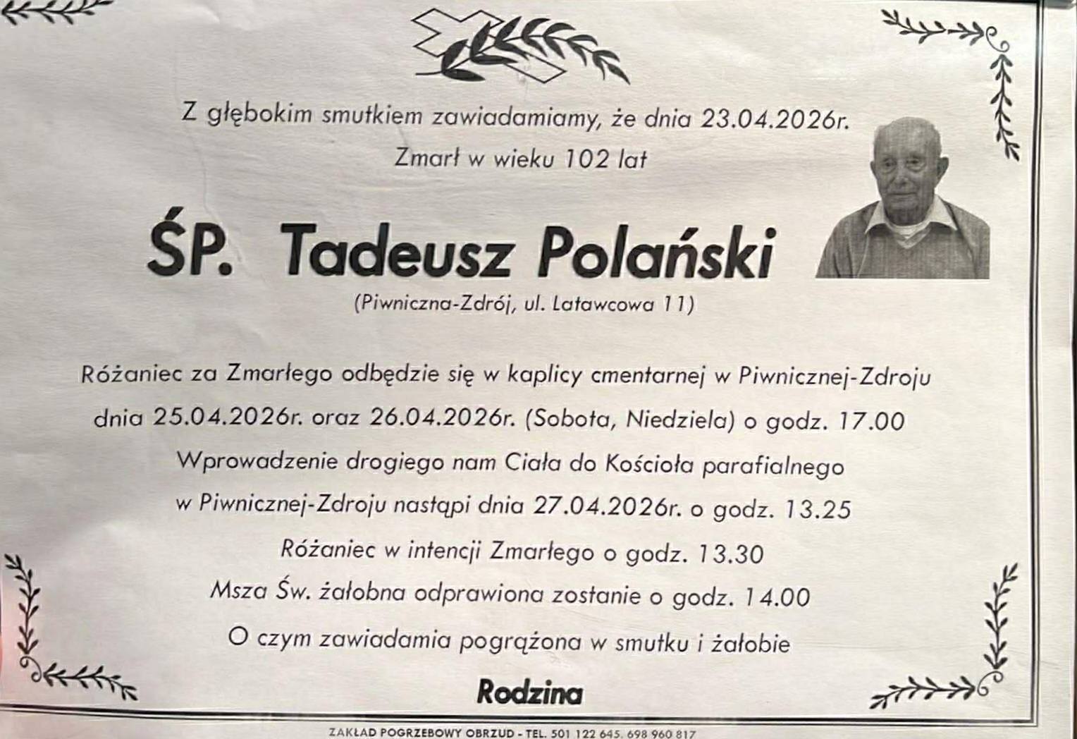 Ogłoszenie żałobne po śmierci Tadeusza Polańskiego, z jego zdjęciem i informacją o pogrzebie i mszach.