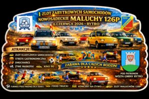 Plakat promujący zlot zabytkowych samochodów Maluchy 126P z kolorowymi autami na tle imprezy i logotypem miasta Rytro.