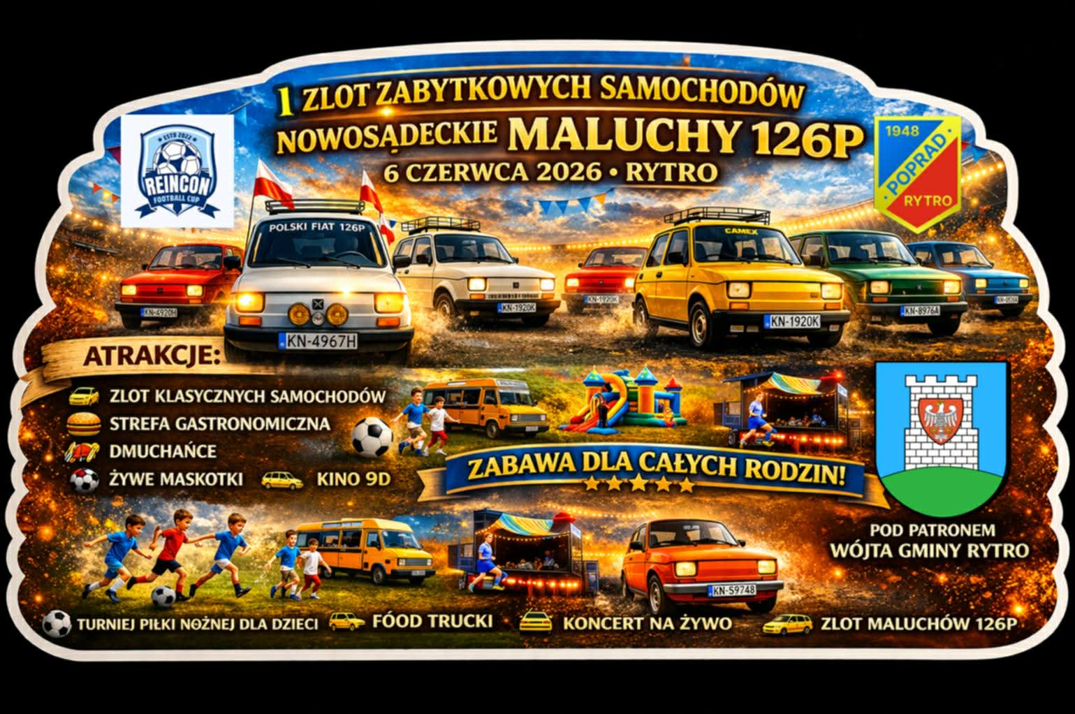 Plakat promujący zlot zabytkowych samochodów Maluchy 126P z kolorowymi autami na tle imprezy i logotypem miasta Rytro.