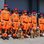 Group of firefighters in bright orange turnout gear and red helmets posing outside a fire station, with several dogs at their feet in the foreground.