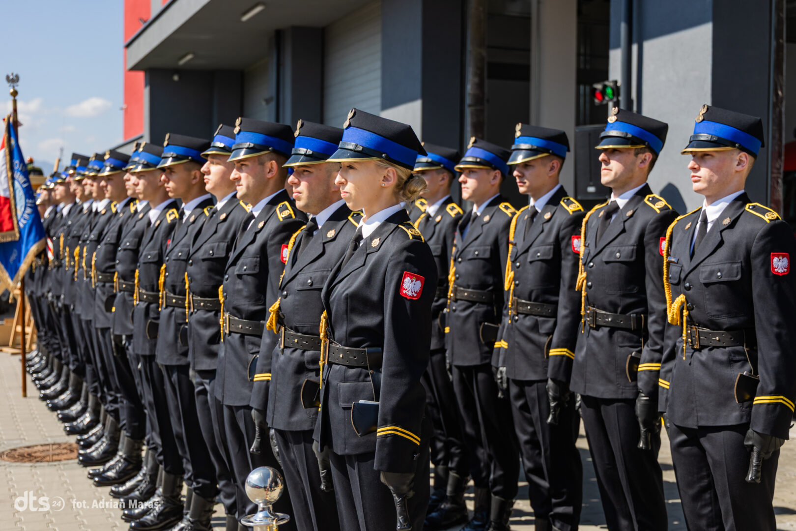 Ceremonial line of uniformed soldiers standing at attention during a parade, wearing dark dress uniforms with blue hats and gold trim