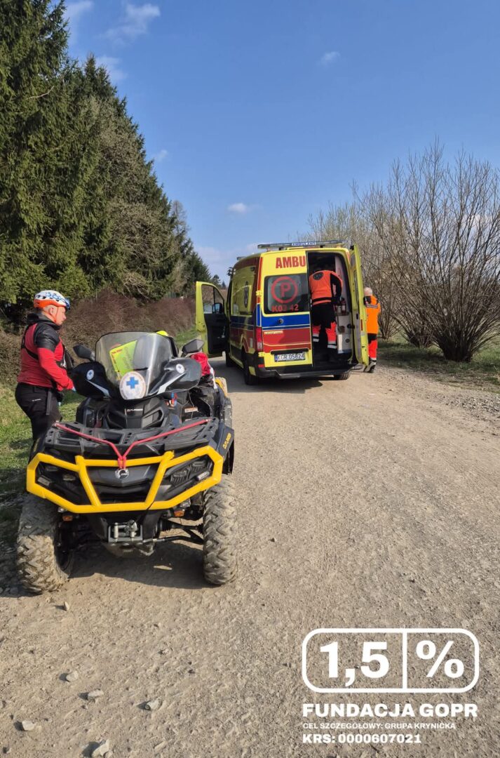 Emergency rescue scene: a yellow off-road quad bike in foreground, an ambulance with open doors and responders near a dirt road, forested area on left and bare trees on right, with Polish 1.5% fundraising graphic and GOPR foundation text in corner.
