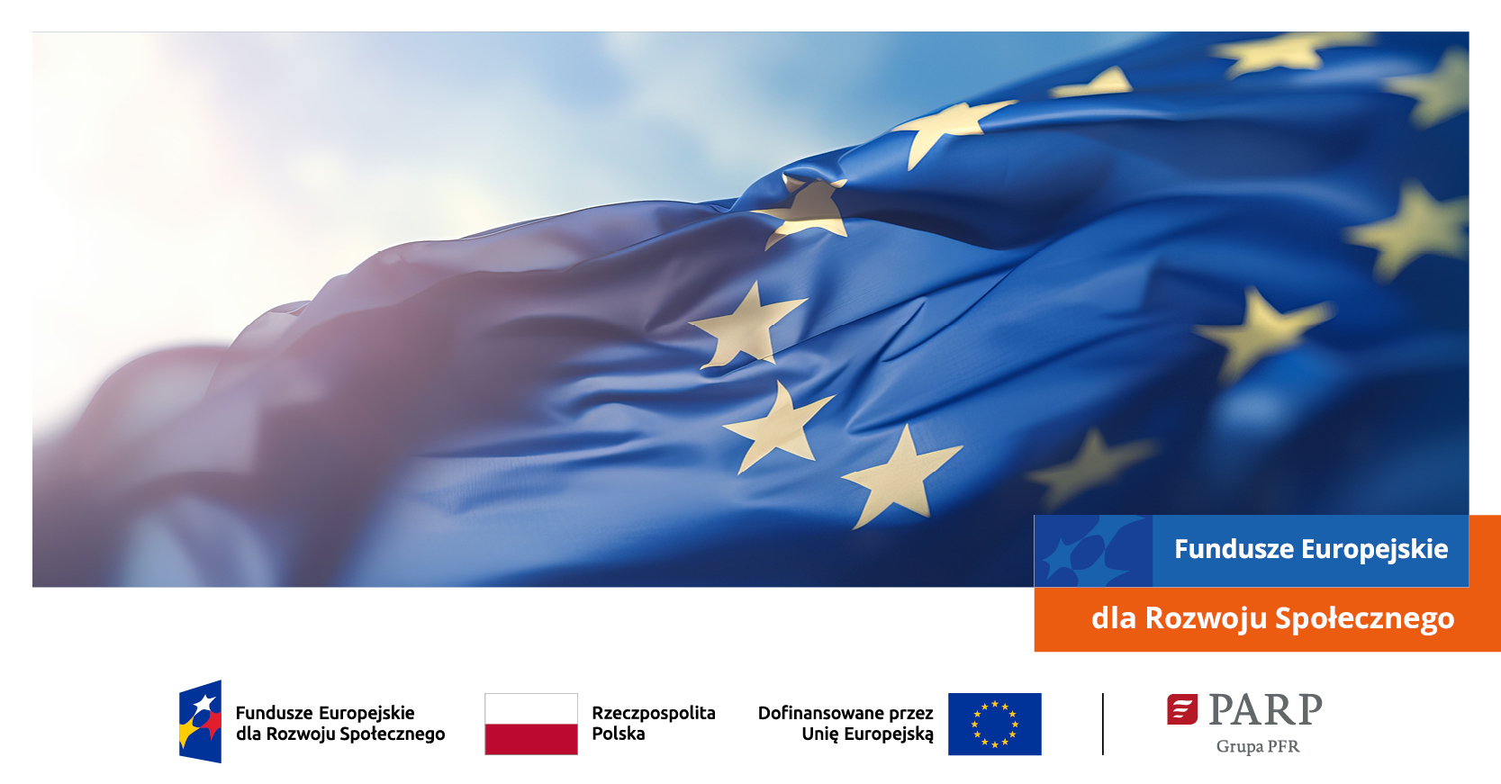 EU flag waves on a banner promoting 'Fundusze Europejskie dla Rozwoju Społecznego'.