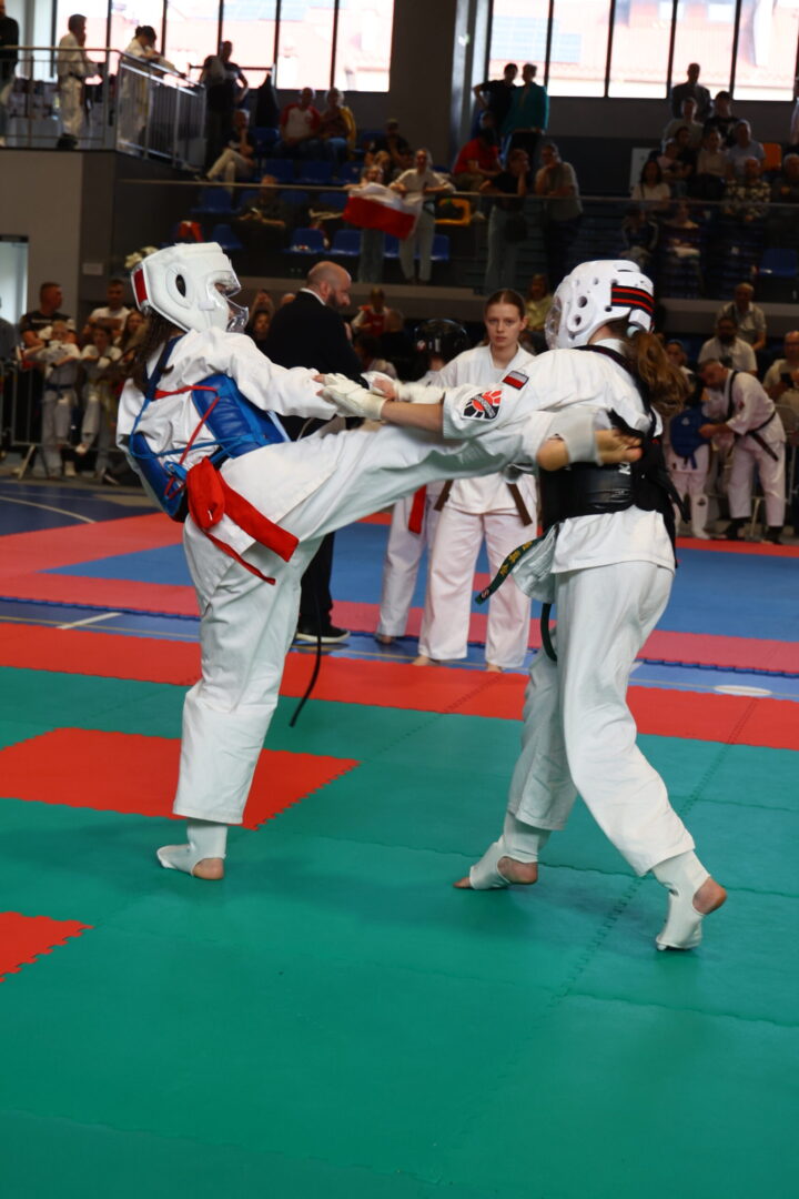 Two taekwondo practitioners in white uniforms and protective gear exchange a kick on multi-colored mats, with spectators watching from the stands in the background.