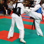 Two martial artists in white uniforms spar on green and red mats; one delivers a kick to the other's chest while wearing headgear and chest protector, with spectators watching in the background.