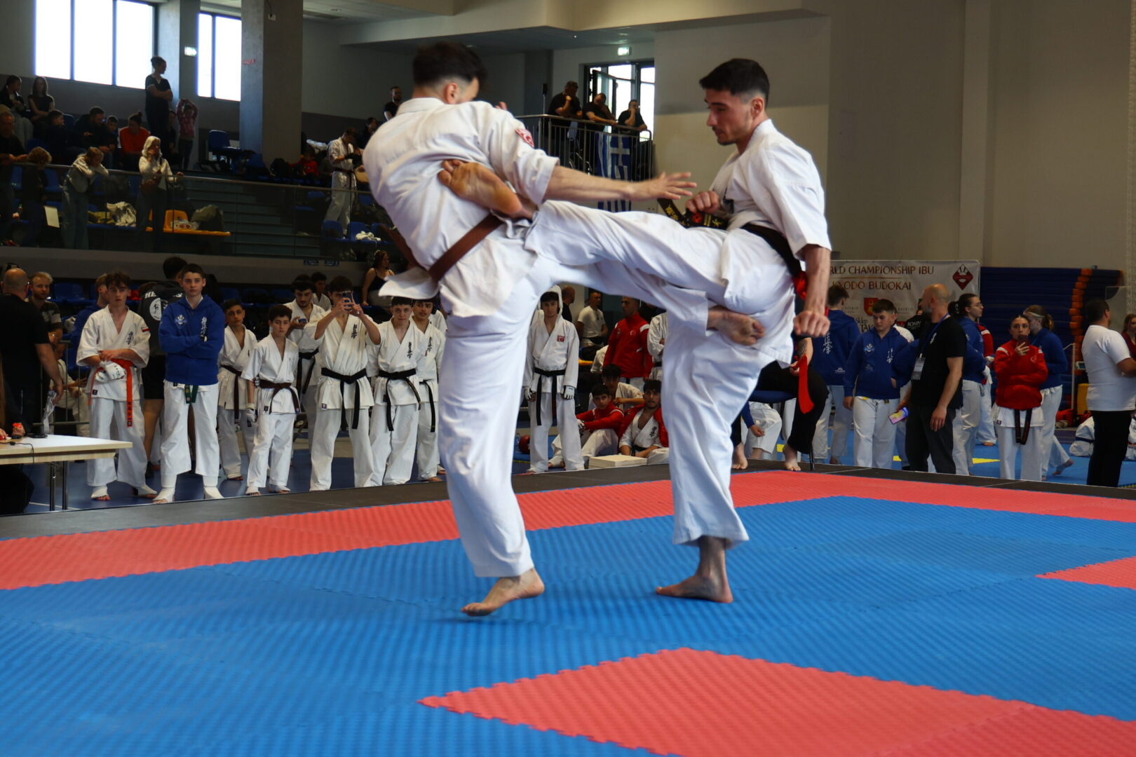 Two male judoka in white uniforms grapple on a blue-and-red tatami while spectators watch from the background.