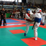 Two taekwondo competitors spar on red-green mats, wearing headgear and chest protectors, while a referee watches the match amid a crowded arena.