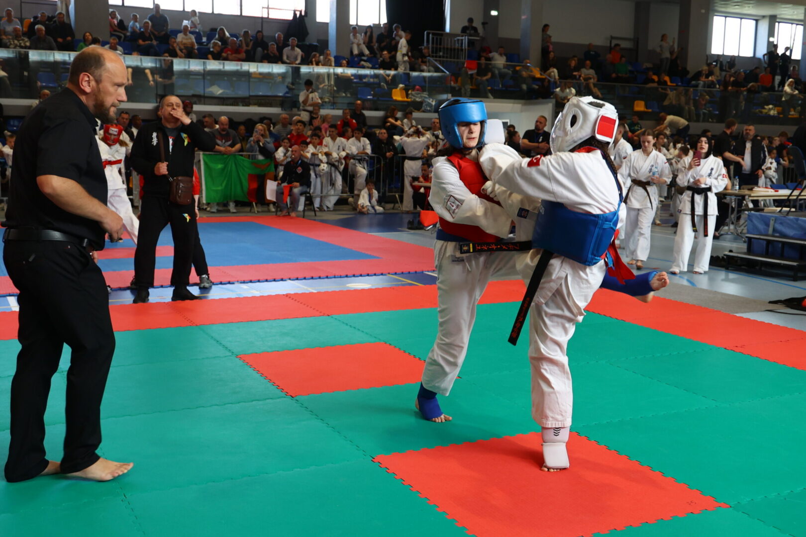 Two taekwondo competitors spar on red-green mats, wearing headgear and chest protectors, while a referee watches the match amid a crowded arena.