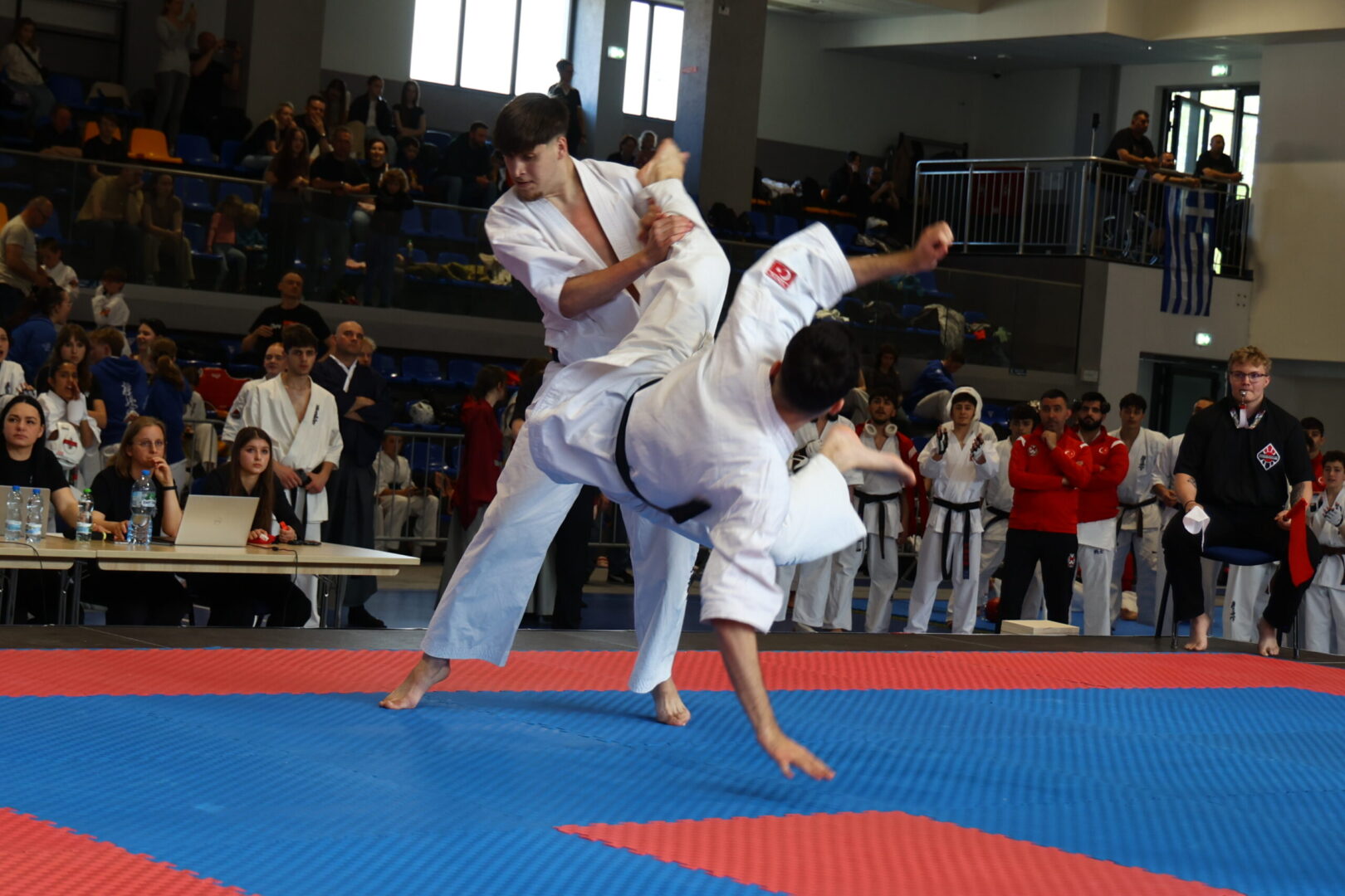 Two martial artists in white gis spar on a blue-red mat; one throws the other as a crowd of spectators and officials watches in a gymnasium.