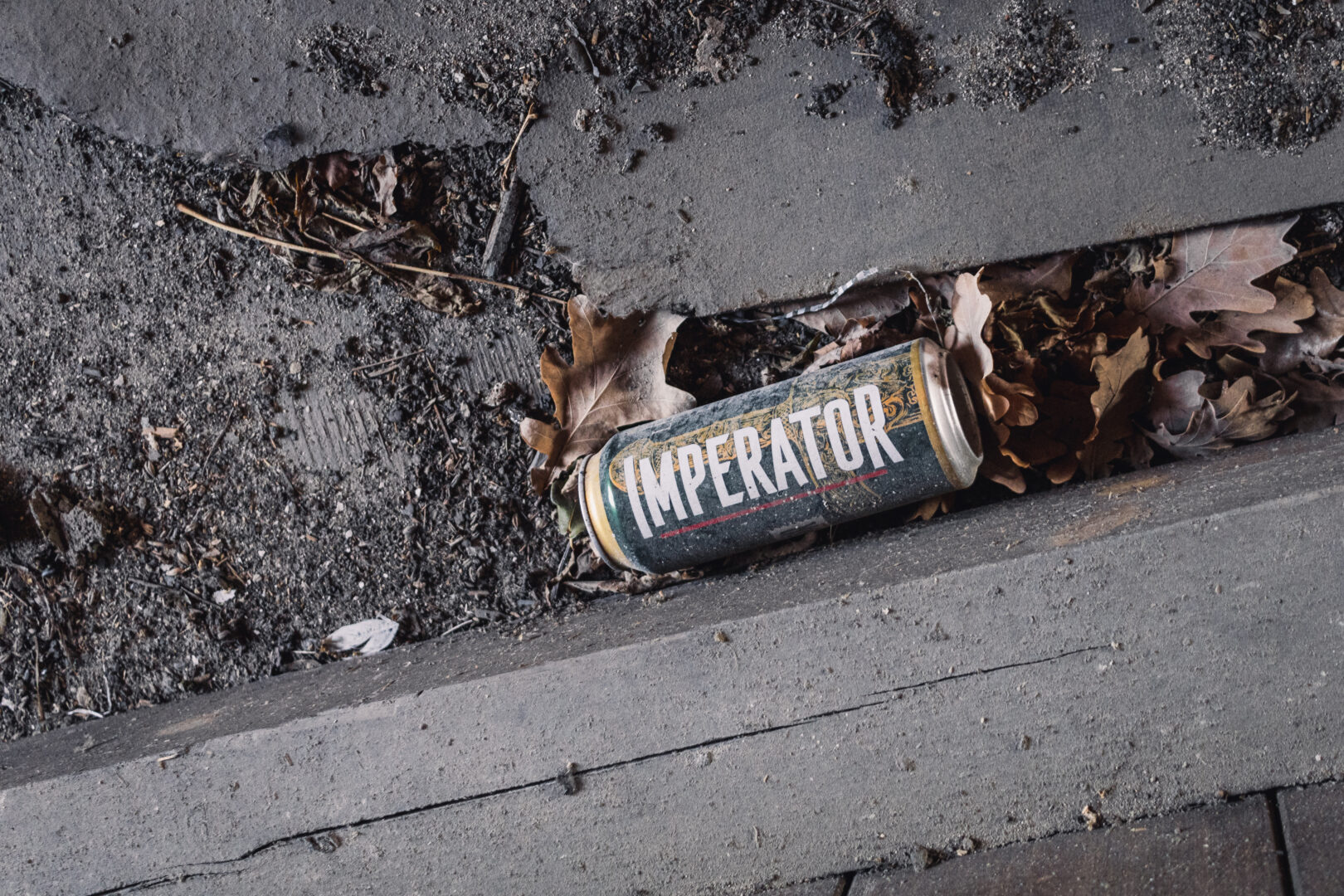 A spray paint can labeled 'IMPERATOR' lying in a curb crack among dirt and fallen leaves on a dirty sidewalk pavement.