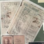 Collage of historical documents: handwritten lists, a passport page, and a vintage photo.