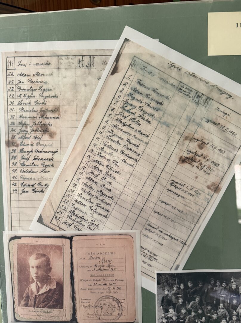 Collage of historical documents: handwritten lists, a passport page, and a vintage photo.