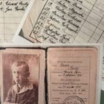 Collage of old archival documents: handwritten roster with names and numbers, plus a sepia portrait photo and a Polish certificate with stamps.