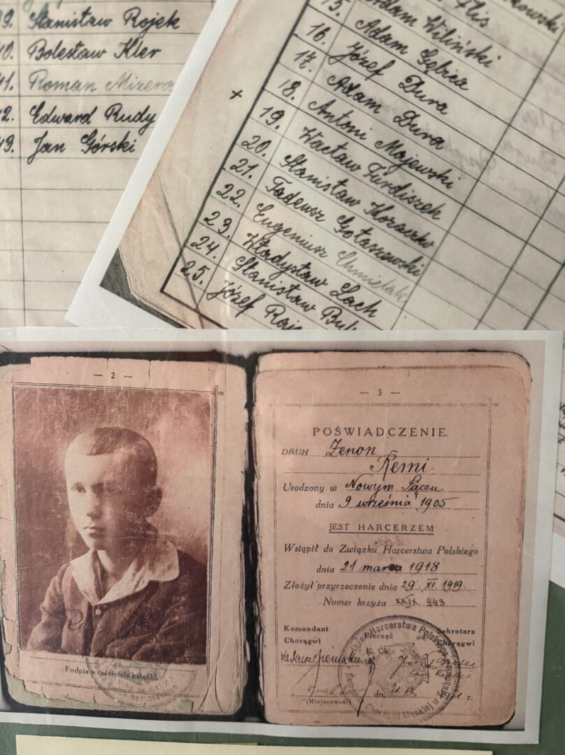 Collage of old archival documents: handwritten roster with names and numbers, plus a sepia portrait photo and a Polish certificate with stamps.