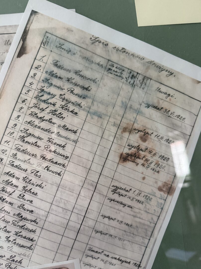 Faded historical registry page with numbered rows of handwritten Polish names and multiple columns for notes, dating to the 1920s.