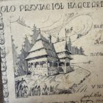 Vintage illustration of a quaint wooden cottage with a steep roof and wraparound porch, set among tall trees; decorative border and Polish text frame the scene.