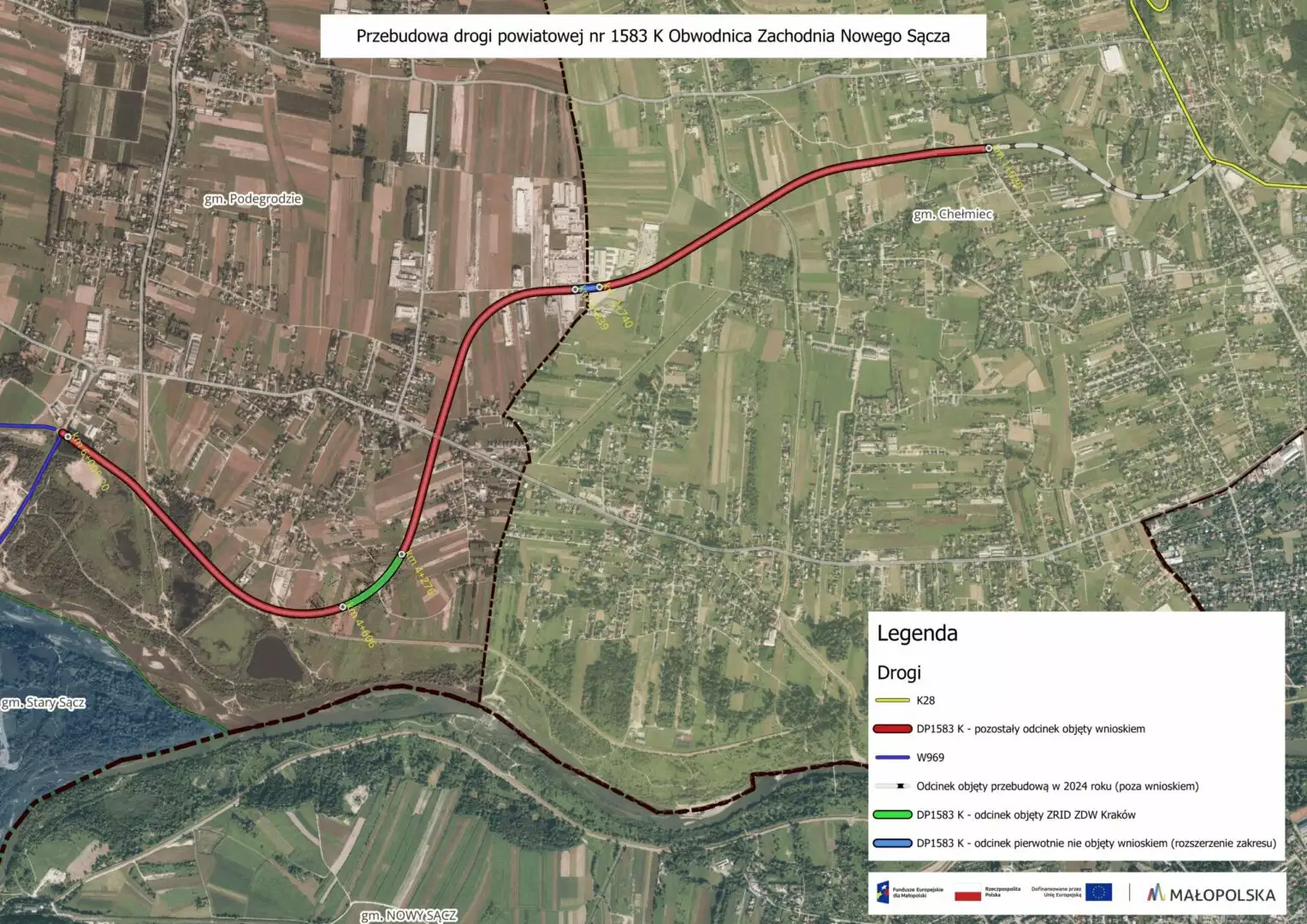 Satellite map of the Nowy Sącz area showing the DP1583 K western bypass in red, with color‑coded roads (green K28, blue W969) and a legend.
