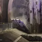 Night view of a massive quarry wall with a broken concrete slab near a circular tunnel entrance and safety barriers along a sloped road at the ground level.