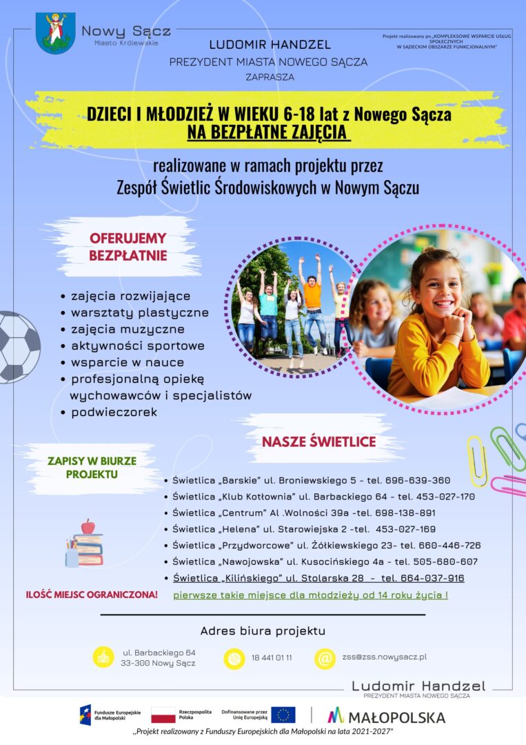 Public poster announcing free activities for children and youths aged 6–18 in Nowy Sącz, Poland.