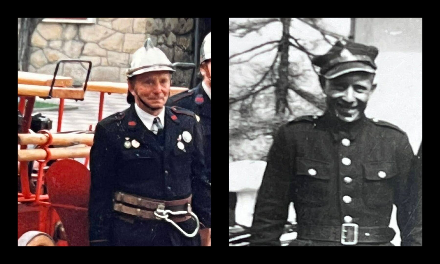 Side-by-side images of a man in a vintage military uniform with medals and a white helmet, outdoors near wood-and-metal equipment (left).]','"Left: man in dark uniform with medals and white helmet, belt, and rope, standing beside a wooden cart."