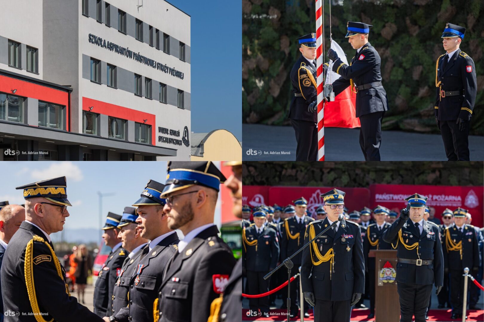 Collage of four scenes: a modern school building with red accents, a flag-ceremony with uniformed officers, officers shaking hands, and a formal military parade.