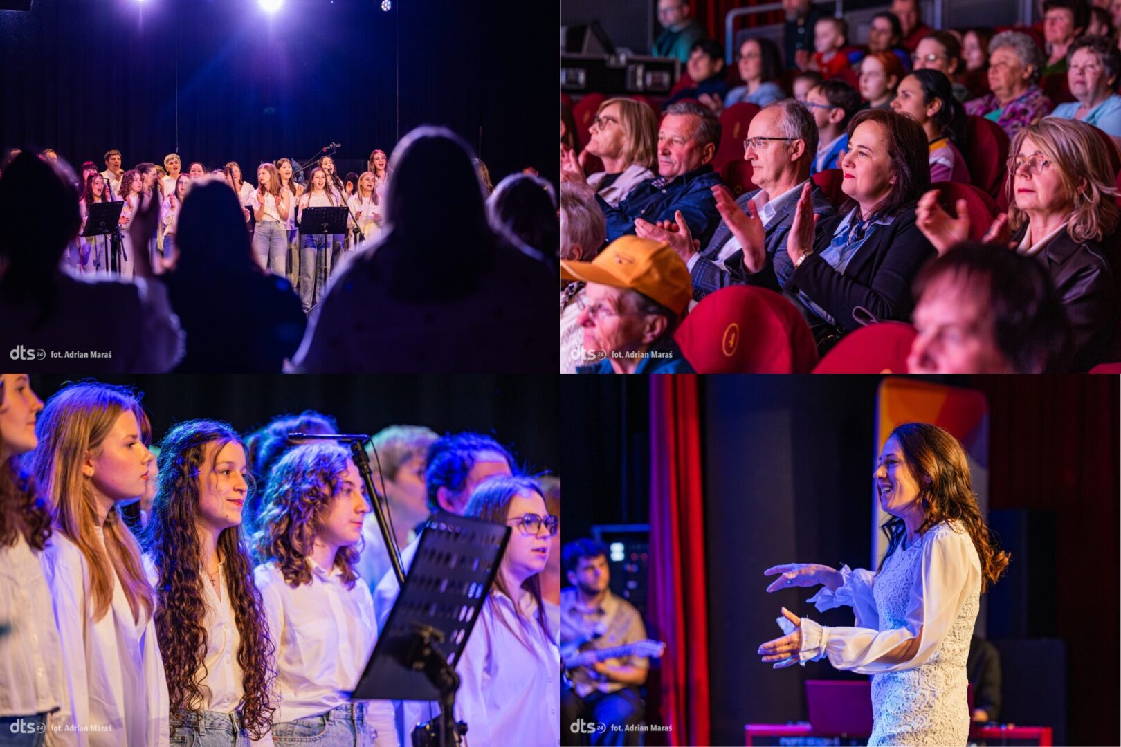 Collage from a choir concert: singers on stage, audience clapping in a theater, and a smiling conductor.