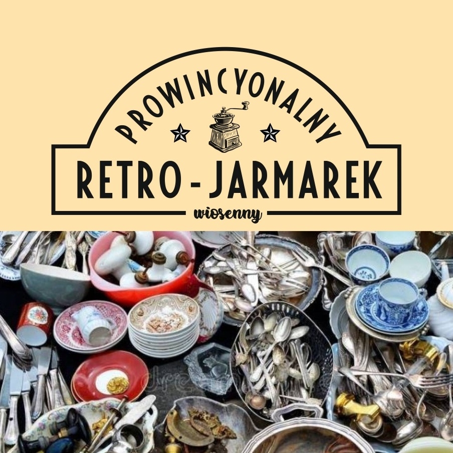 Banner for a spring event 'Prowincjonalny Retro-Jarmarek wiosenny' with a vintage coffee grinder icon, above a heap of assorted silverware and dishes? but remove question mark
