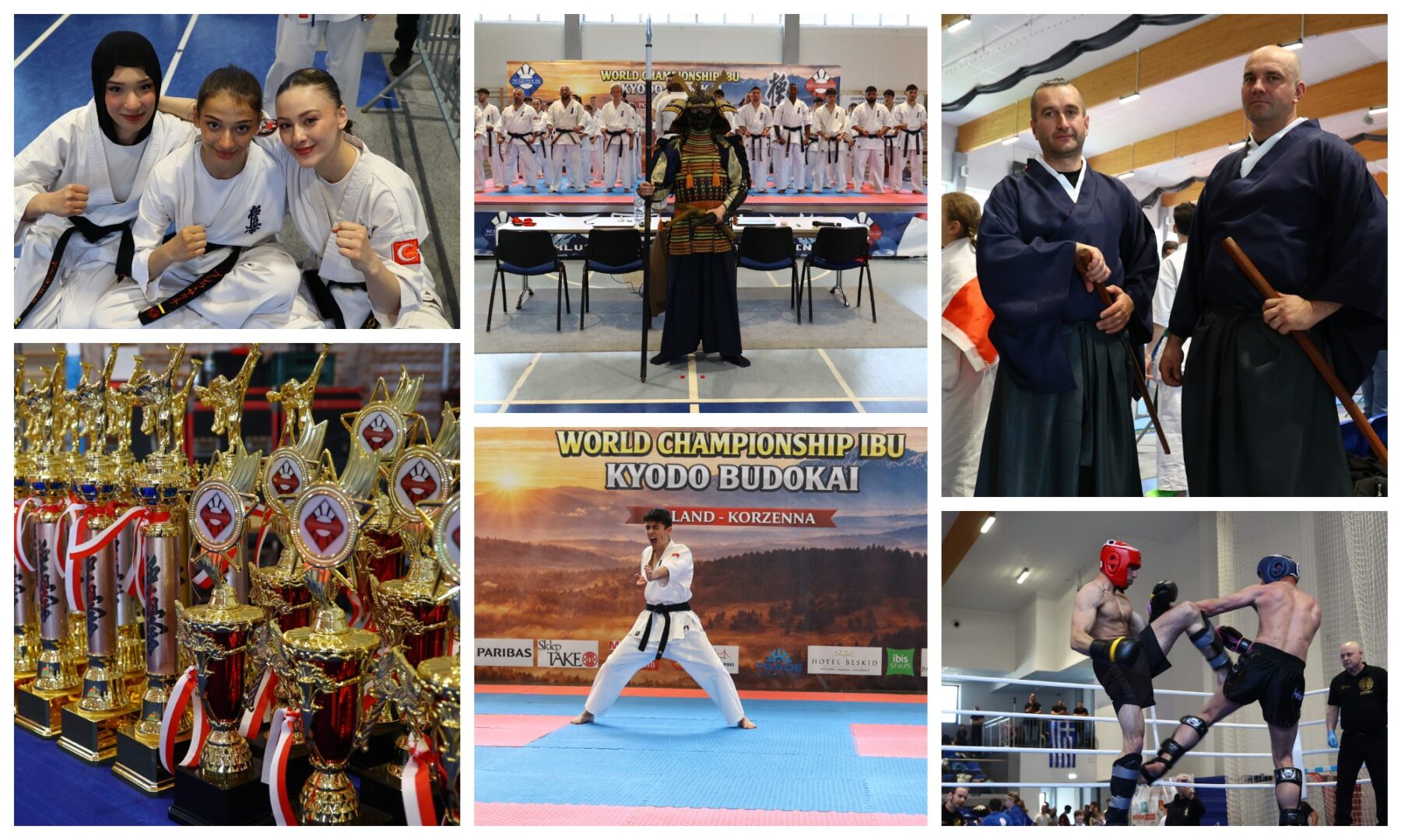 Three women in white karate gis and black belts pose with fists raised in a gym.
