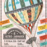 Poster for Prowincjonalny Retro-Jarmark wiosenny in Stary Sącz, May 9–10, 2026, featuring a colorful patchwork hot-air balloon and event schedule.