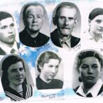 Collage of eight vintage black-and-white portraits arranged on a blue background, each with handwritten names and years (1920s–1930s).