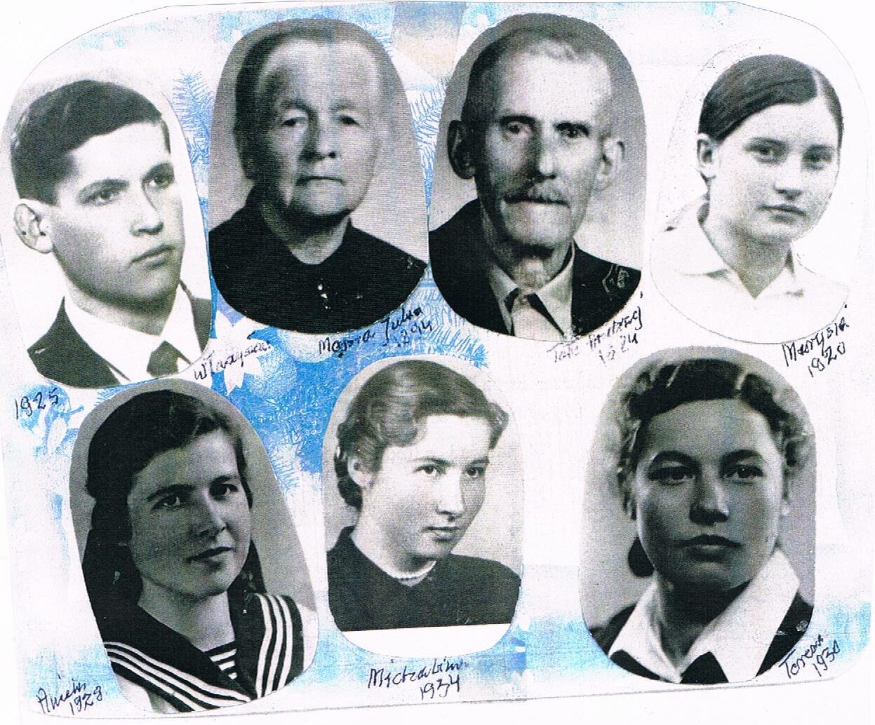 Collage of eight vintage black-and-white portraits arranged on a blue background, each with handwritten names and years (1920s–1930s).