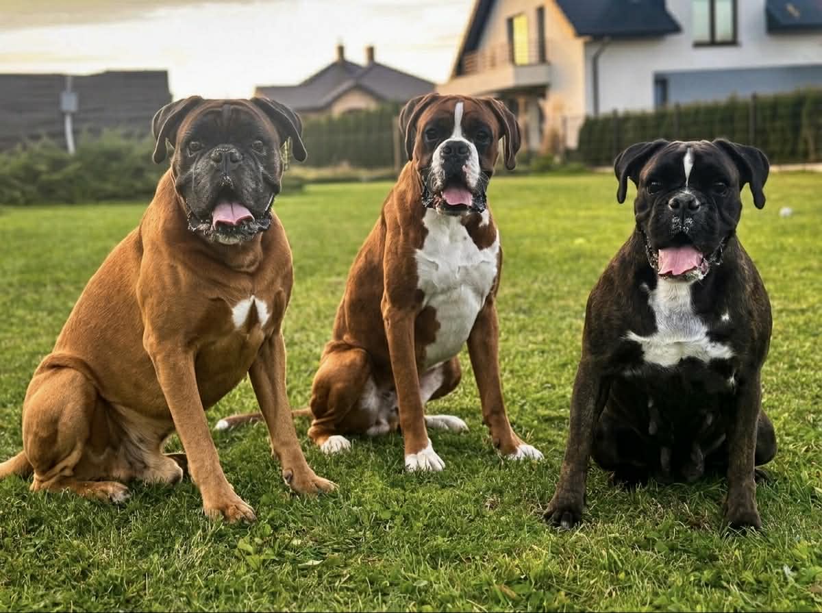 Three boxer dogs sit on a green lawn, facing the camera with tongues out, in a suburban yard backdrop.