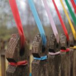Row of weathered wooden fence posts with colorful ribbons tied around them, stretching across the foreground in an outdoor setting.