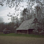 Two rustic wooden huts in a open field, framed by blooming white flowers on branches above and a cloudy sky behind them.