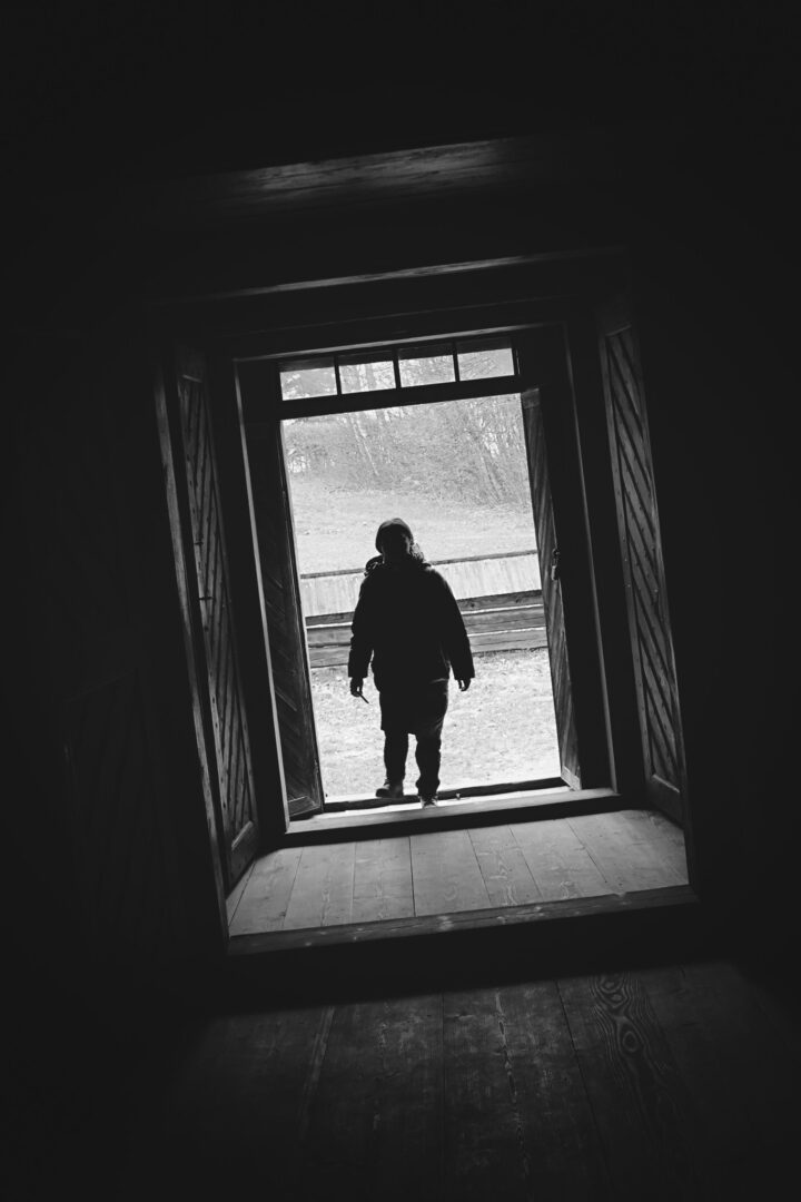 Silhouette of a person standing in a doorway, looking out at a bright yard outside.