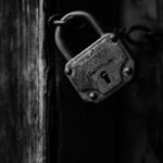Close-up of a rusty padlock securing a weathered wooden door in black and white accuracy.