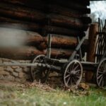 Old wooden wagon with spoked wheels resting beside a log cabin wall and rustic fence in a rural yard