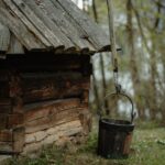 Rustic log cabin with a weathered wooden bucket hanging from a rope beside it in a forest clearing